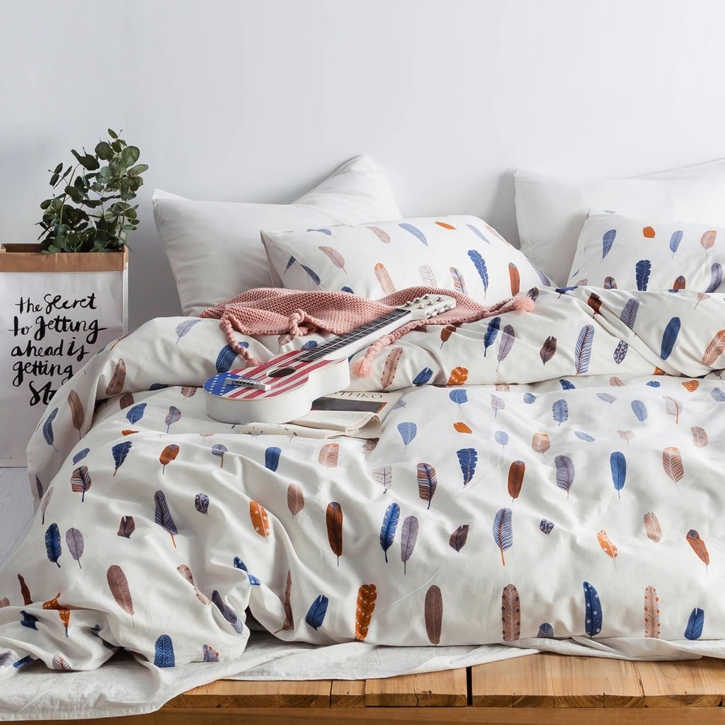 Bohemian Feather Duvet Cover Queen 100% Cotton 3 Pcs Set 1 Blue Brown Boho Duvet Cover with Zipper Ties 2 Pillowcases