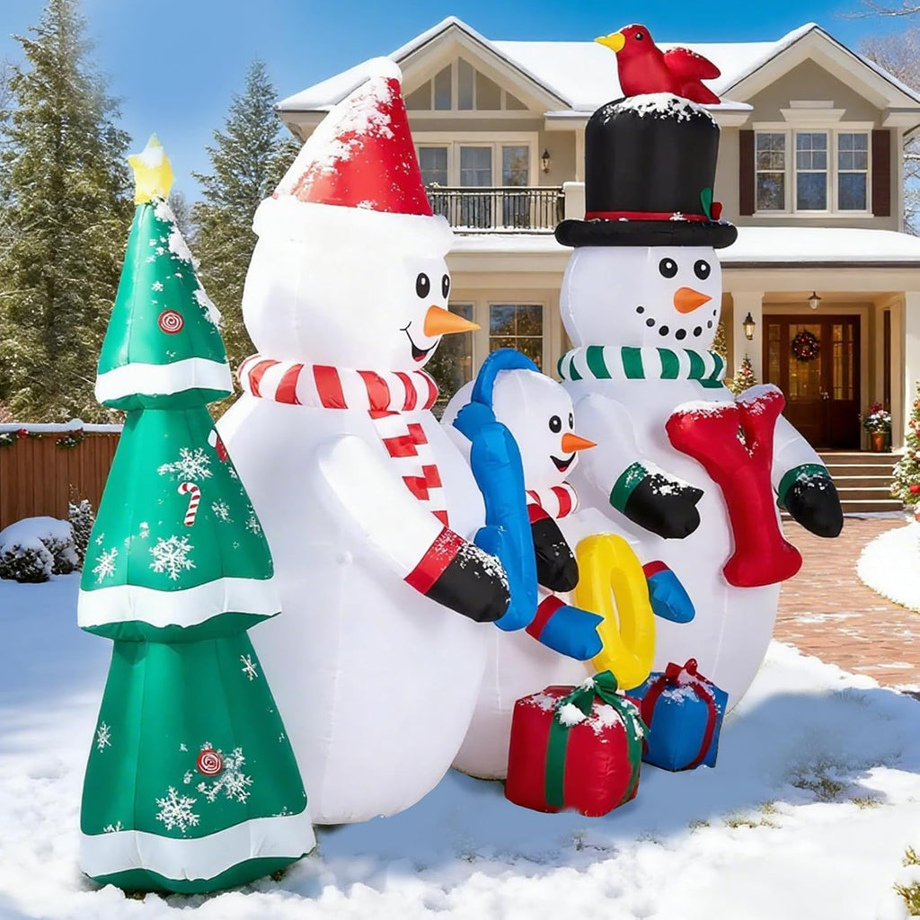 8FT Lighted Christmas Inflatables Decoration, Inflatable Snowman Family with Joy and Xmas Tree, Funny Blow Up Decor