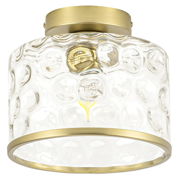 Gold Flush Mount Ceiling Light with Clear Hammered Glass lampshade, Farmhouse Ceiling Lights Fixture in Satin Brass