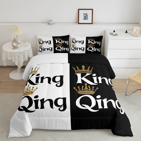 Erosebridal King and Queen Crown Comforter Set Black White Couple Bedding Set for Adult Women Men,His Her Mr Mrs Quilt