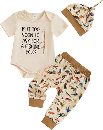 Newborn Baby Boy Clothes Fishing Short Sleeve Romper Shirt Tops Pants Summer Spring Outfits Hat Set