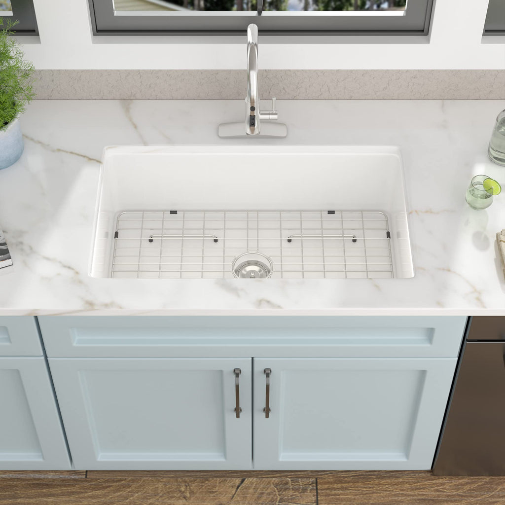 32 White Undermount Sink - 32"x19" Kitchen Sink White Ceramic Porcelain Fireclay Rectangular Deep Dual Mount Single