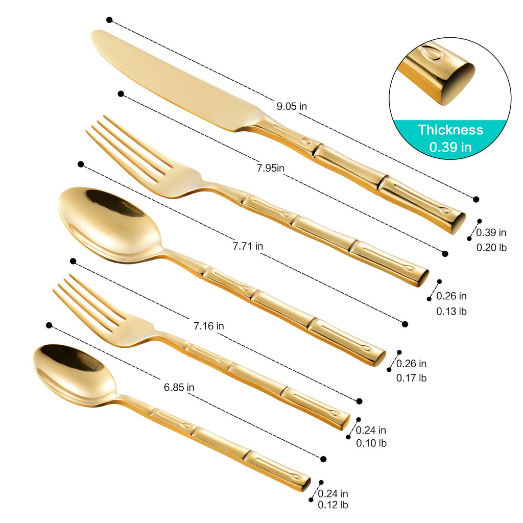 Flatware Set Gold Silverware Set with Bamboo Pattern Mirror Polished 20 Pieces Cutlery Set Housewarming Wedding Gift