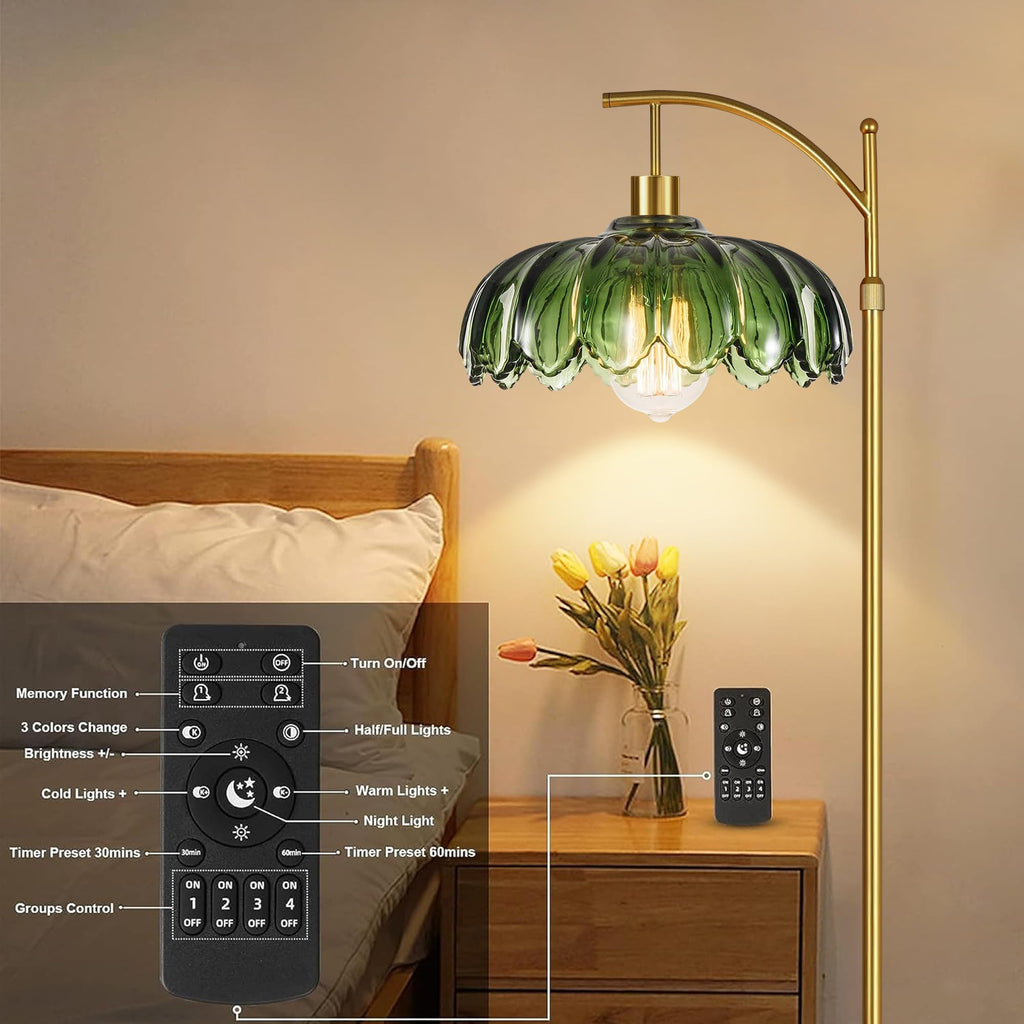 Gold Floor Lamps, Glass Floor Lamp with Remote Control & Green Lampshade, Arc Flower Lamp Dimmable Mid Century Modern