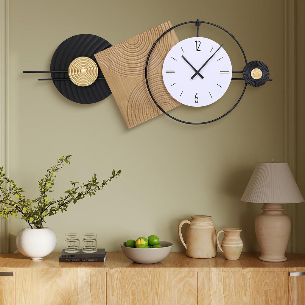 37.8x23 Inch Oversized Mid-Century Modern Wall Clock, Wood & Metal Frame, Silent Non-Ticking, Antique Brown & Gold