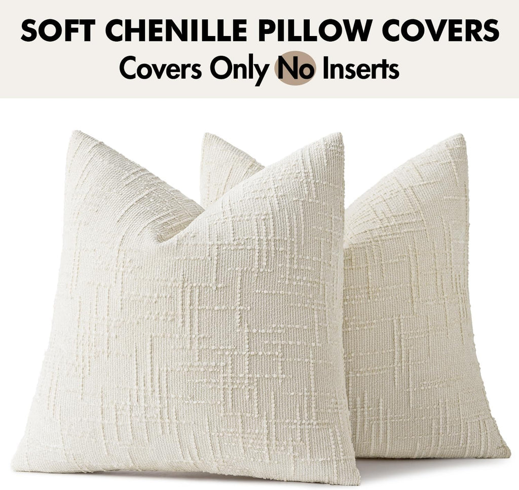 Textured Throw Pillow Covers Thick Chenille Decorative Pillows Cream White 18x18 Inch Set of 2 Modern Boho Farmhouse