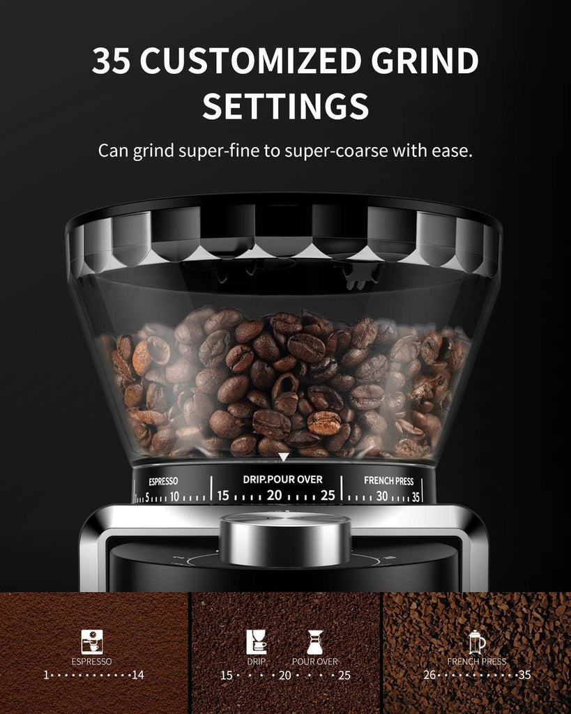 Conical Burr Coffee Grinder, Electric Coffee Bean Grinder for Precise Grinding, 35 Settings, 2-12 Cup Selector