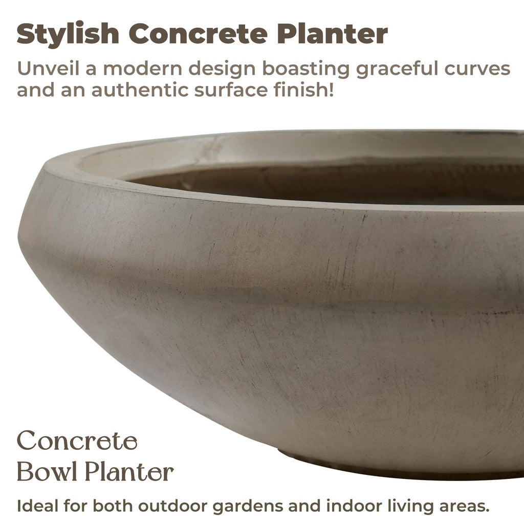 19" Dia x 6.3" H Weathered Concrete Bowl Planter, Large Succulent Pot