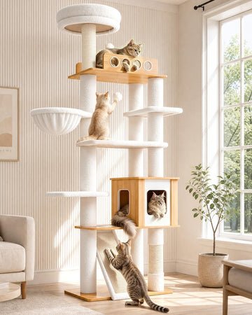 70" Wood Cat Tree for Large Cats, Tall Cat Tower, Reinforced Base