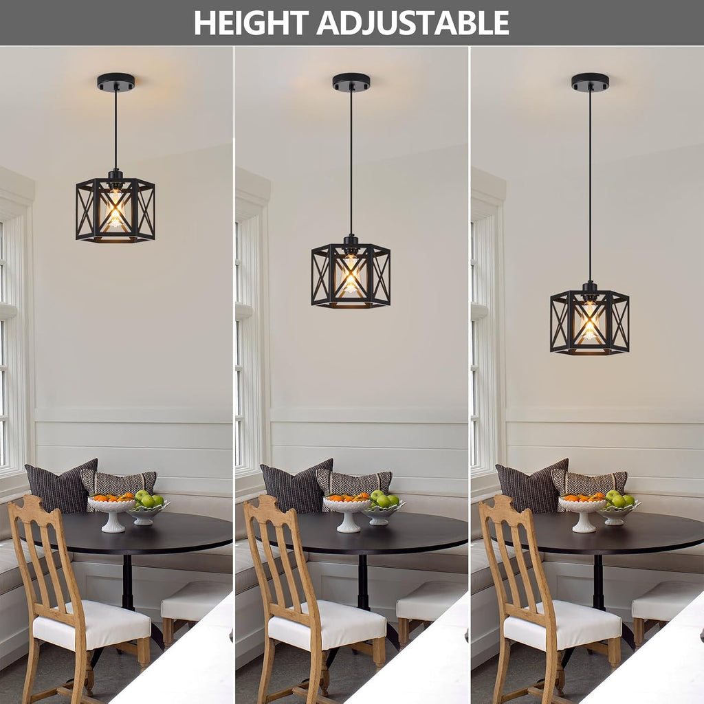 2 Pack Farmhouse Pendant Lights, Modern Black Hanging Light Fixture with Hexagonal Cage, Industrial Metal Ceiling