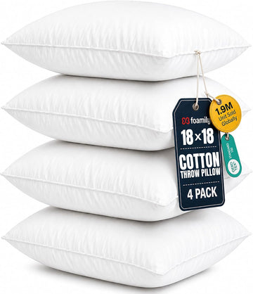 18x18 Throw Pillow Inserts, 100% Cotton Cover, White - Set of 4