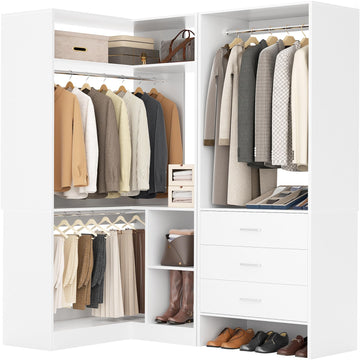 Closet System with 3 Drawers, 2 Hanging Rods & Corner Tower, Corner Closet System with Hanging, L-Shaped Walk-In
