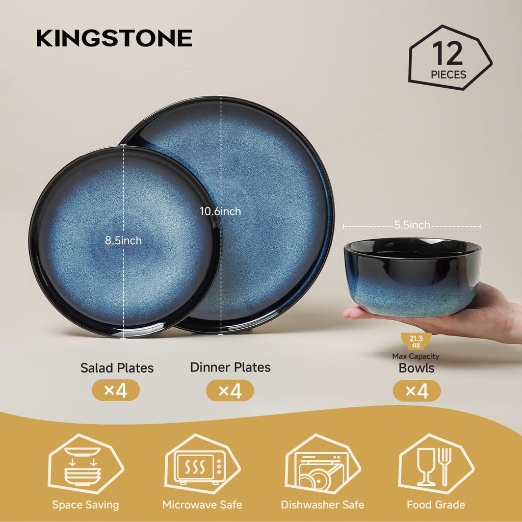 Stoneware Dinnerware Sets for 4, Reactive Glaze, Navy Blue