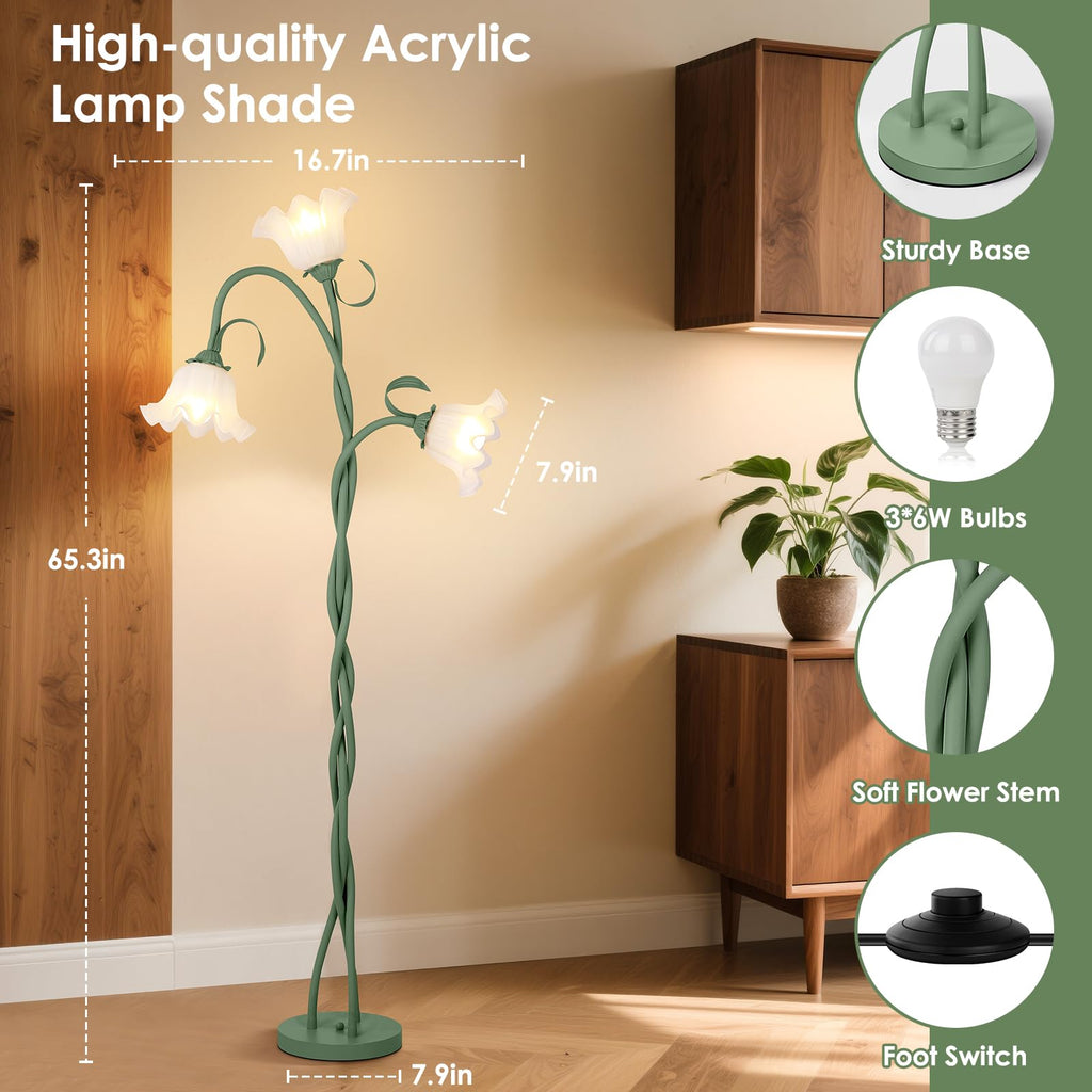 Floor Lamp, 3 Lights Green Flower Lamp, Modern Tall Standing Lamp with 3 Color Temperatures Flexible Gooseneck, Mid
