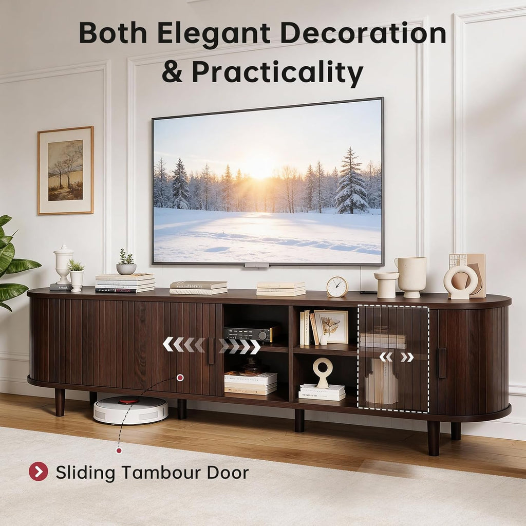 70" Mid Century Modern TV Stand, Wood TV Consoles with Sliding Doors and Power Outlet, Entertainment Center with