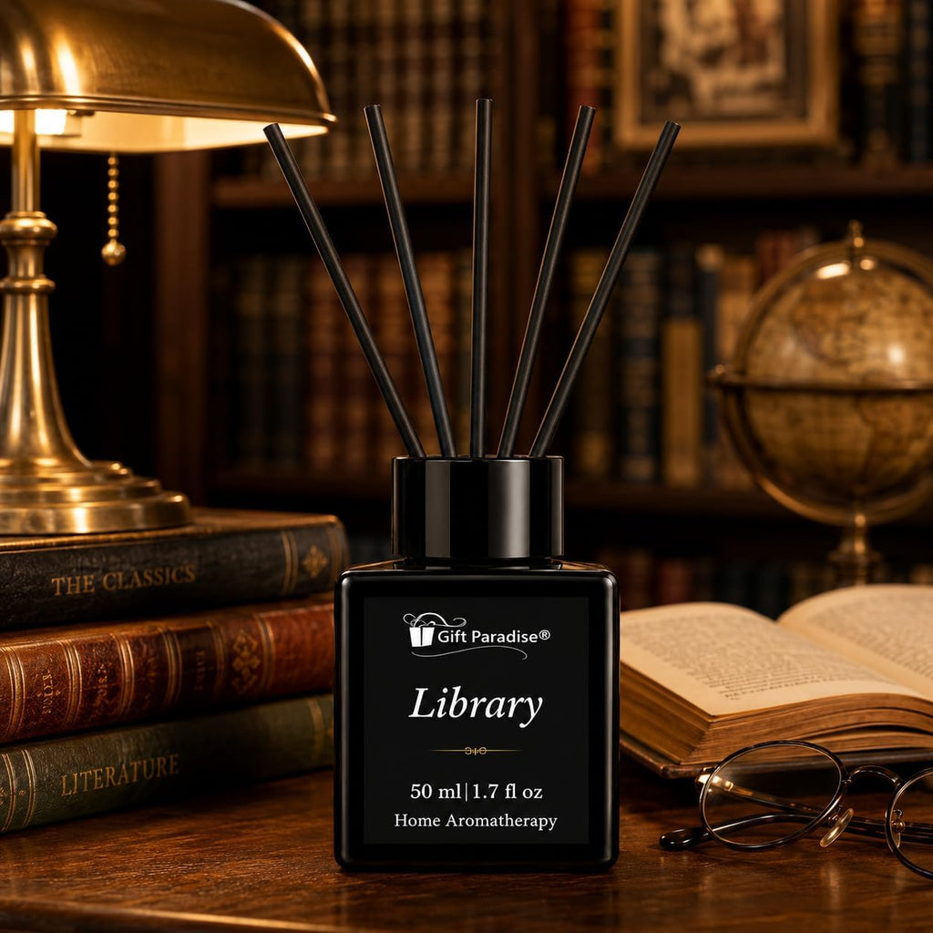 Library Luxury Reed Diffuser Set - 50 ml Scented Oil with Glass Bottle & Reed Sticks, Warm Woody Book-Inspired Home - Set of 17