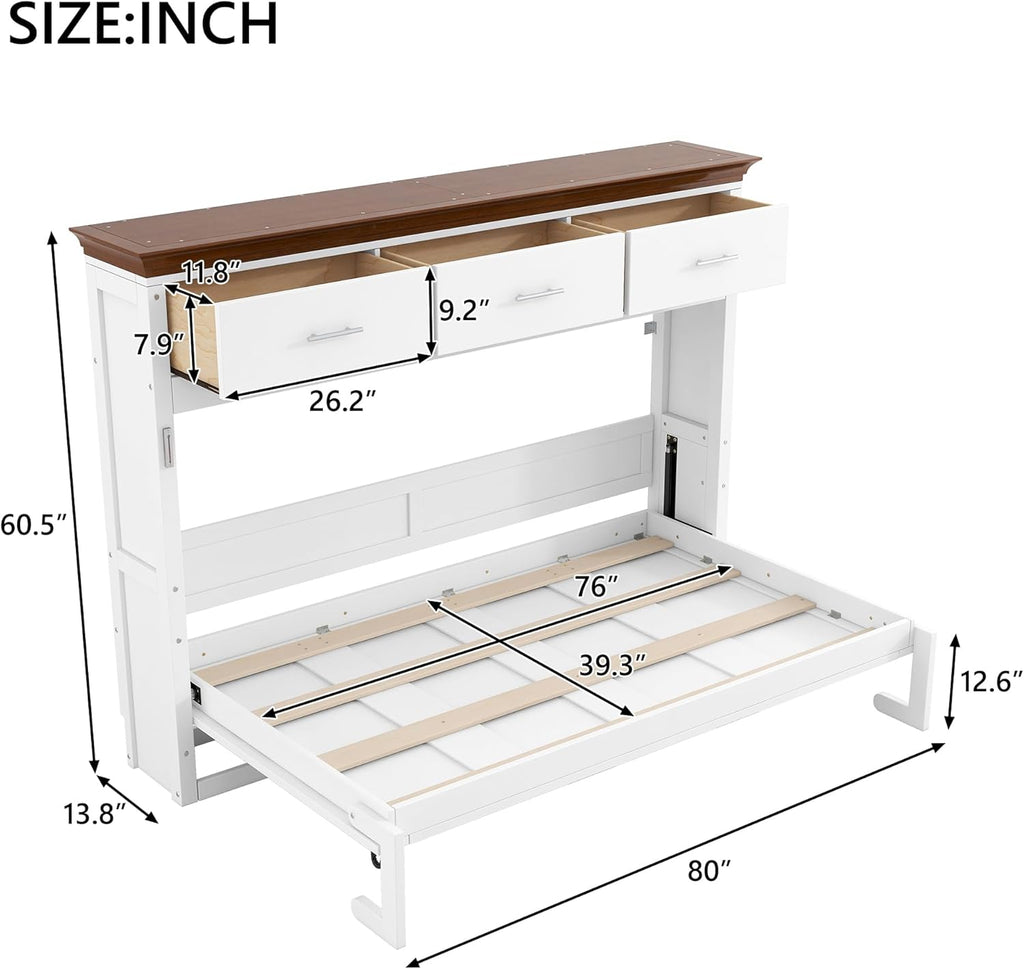 Twin Murphy Bed, Wood Wall Bed Frame with 3 Storage Drawers, Folding Cabinet Bed Frame for Home Office, Guest Room