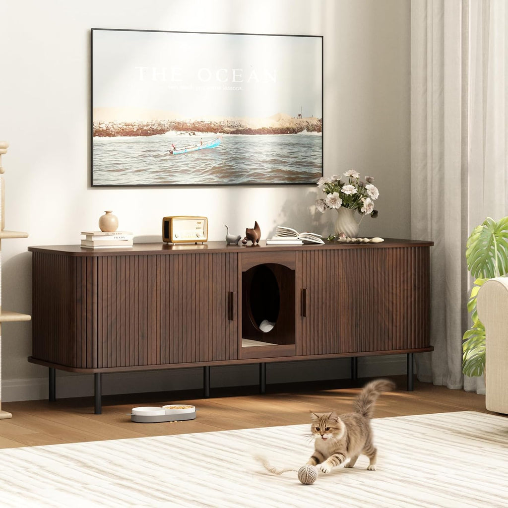Double Cat Litter Box Enclosure Furniture, 59" Fluted Cabinet, Walnut