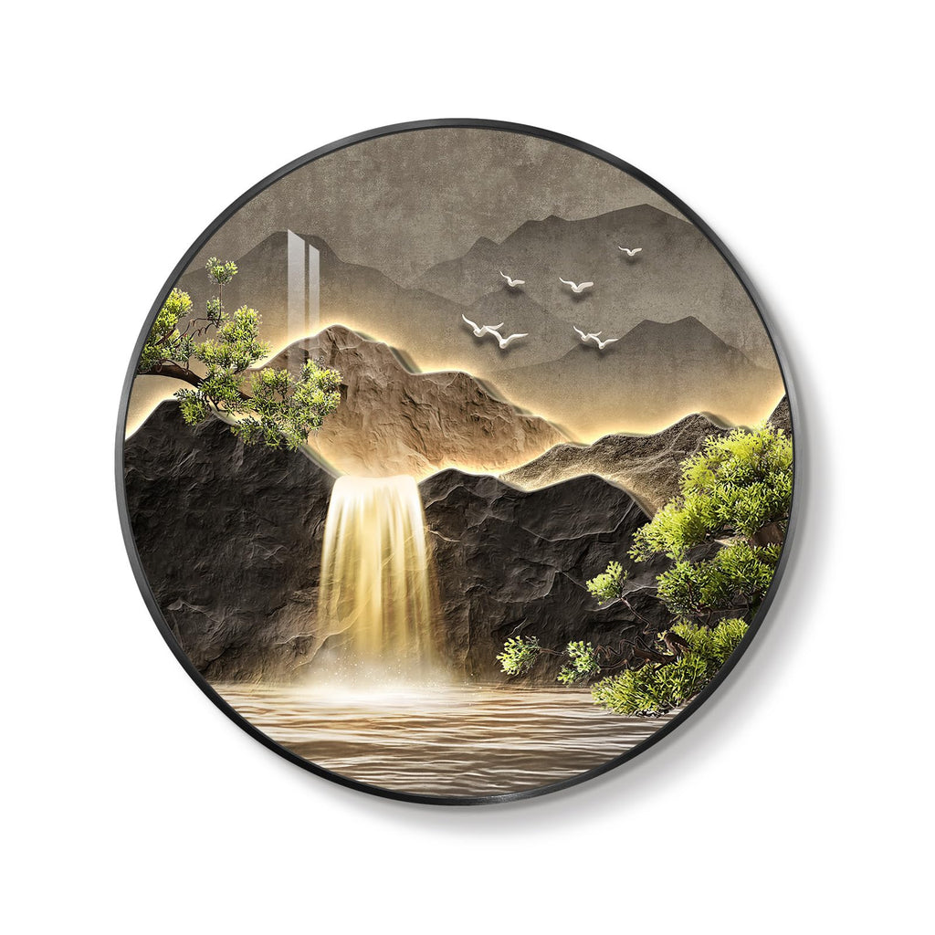 Framed LED Mountain Waterfall Wall Art, Round 30x30 Inch