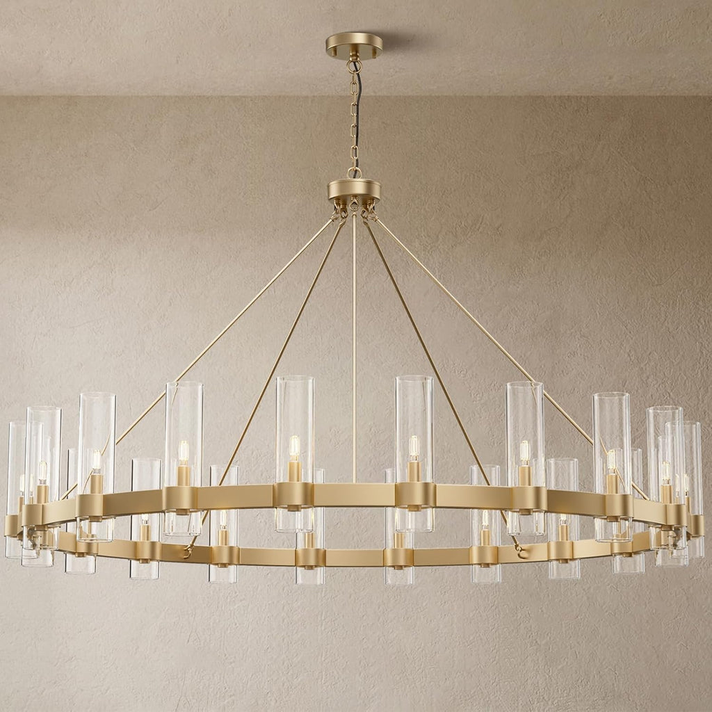 20-Lights Gold Chandelier,Wagon Wheel Chandelier with Glass Shade, 60 Inch Large Round Industrial High Ceilings Pendant Lighting Fixture for Dining Room, Living Room, Kitchen Island, Foyer A115-B0CNRHR35D