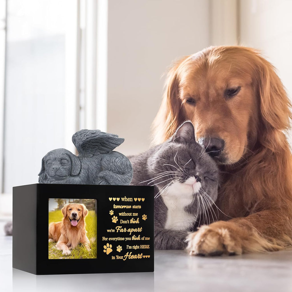 Pet Urns for Ashes, Large Wooden Pet Urns for Dog or Cat Ashes with Dog Angel, Memorial Keepsake Memory Box