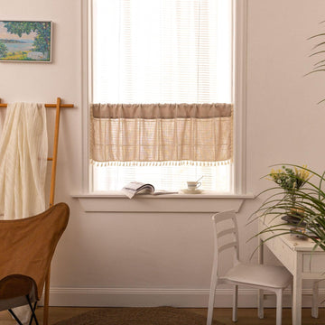Boho Curtain Valance 18 Inches Length Bohemian Lattice Gingham Textured Embroidery Plaids, Vintage Chic Tassels