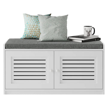 Shoe Storage Bench - Adjustable Shelves & Cushion Seat, White
