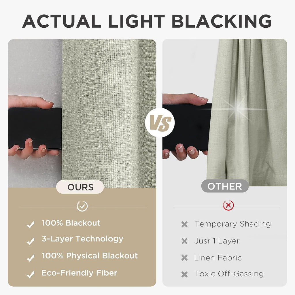 Light Beige Curtains 96 Inch Long Blackout Curtains 2 Panels Set, Faux Linen 100% Black Out Drapes, Thermal Insulated