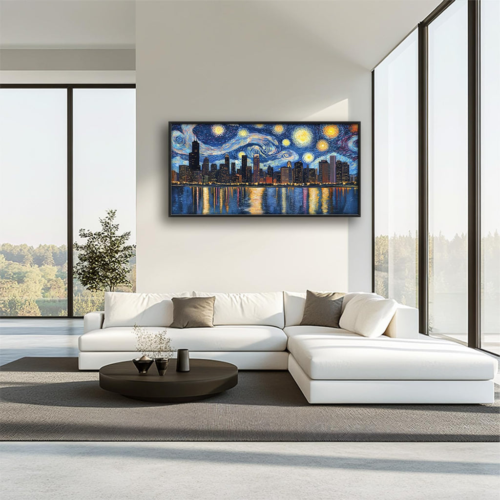 Chicago Skyline Wall, Starry Night Chicago Pictures Wall Decor, USA Cityscape Canvas Prints Painting, Large Building