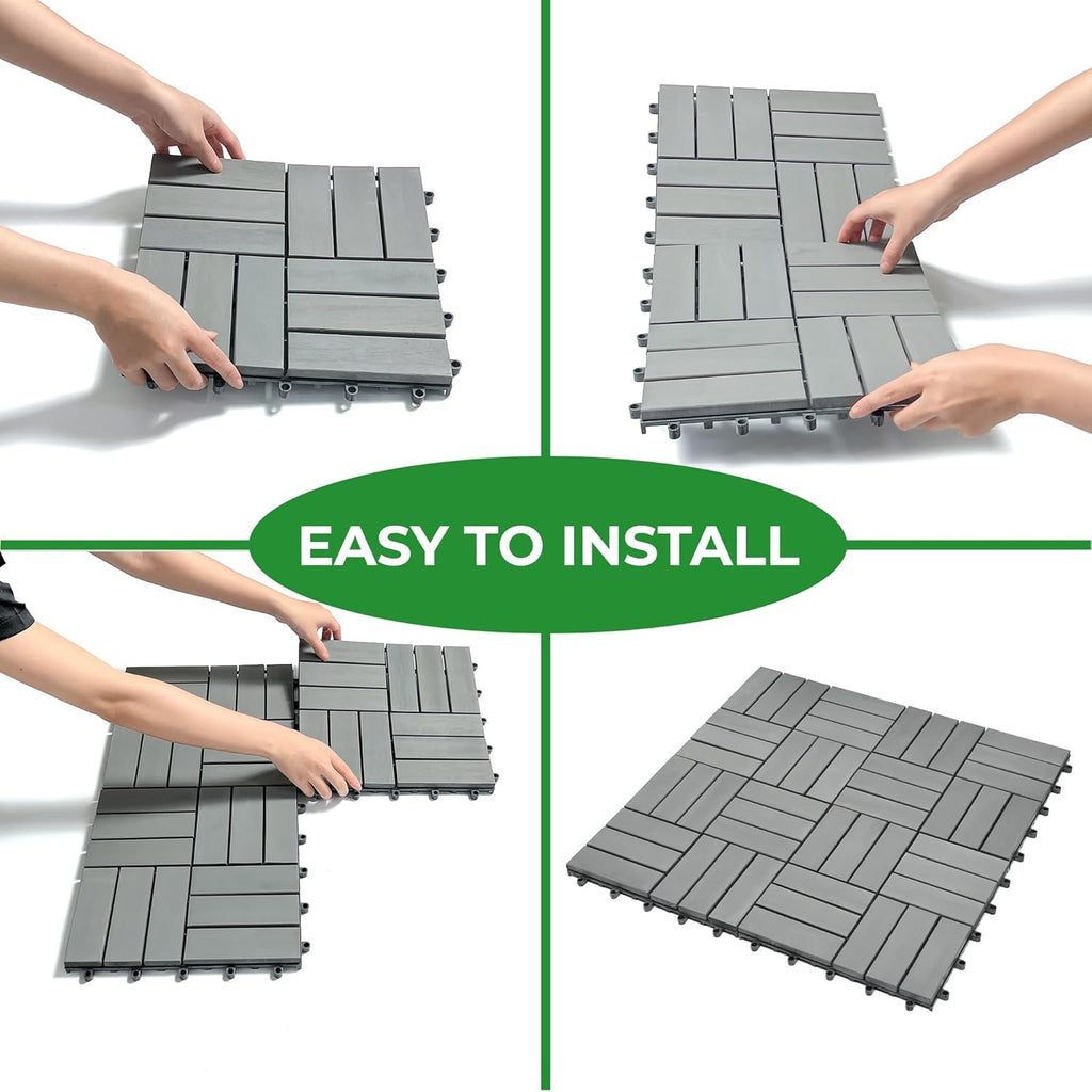 Interlocking Deck Tiles 12"x12"x0.94'' Gray Acacia Wood Patio Decor Flooring Tiles-Interlocking FSC Wood Flooring