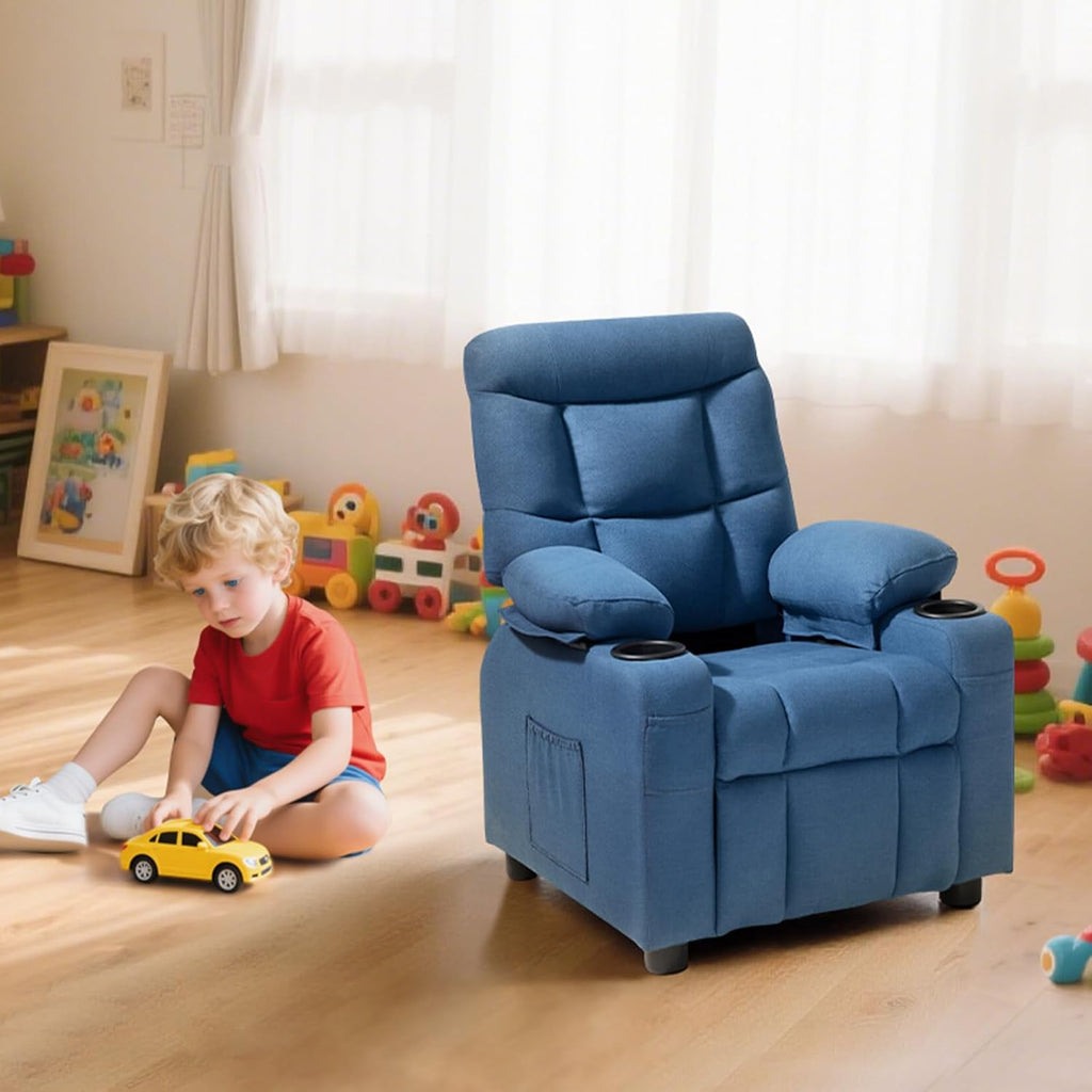 Kids Recliner Chair, Toddler Lounger with Cup Holders & Pockets, 107° to 126° Adjustable Back, Breathable Polyester