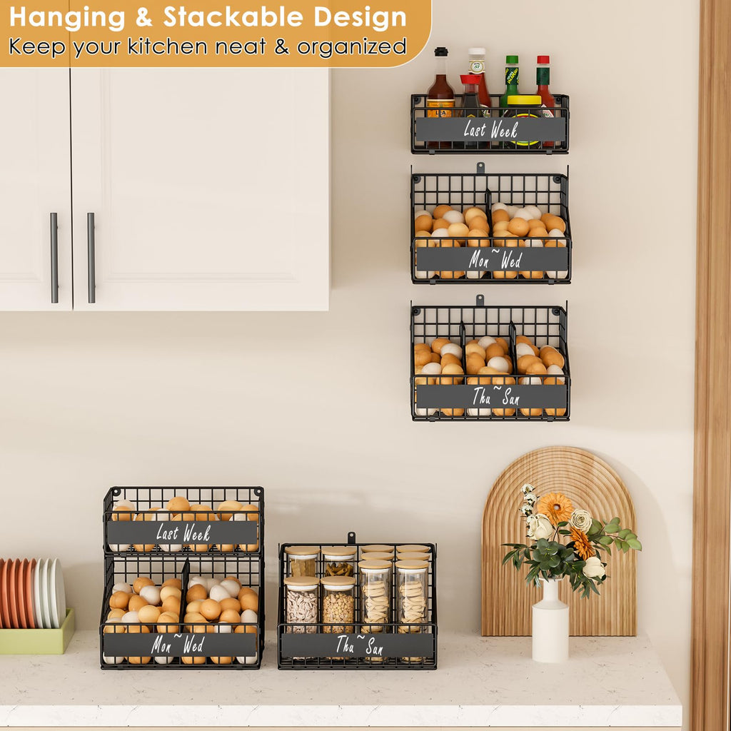 3-Tier Egg Holder Countertop with Labels & Marker, Stackable Wire Basket