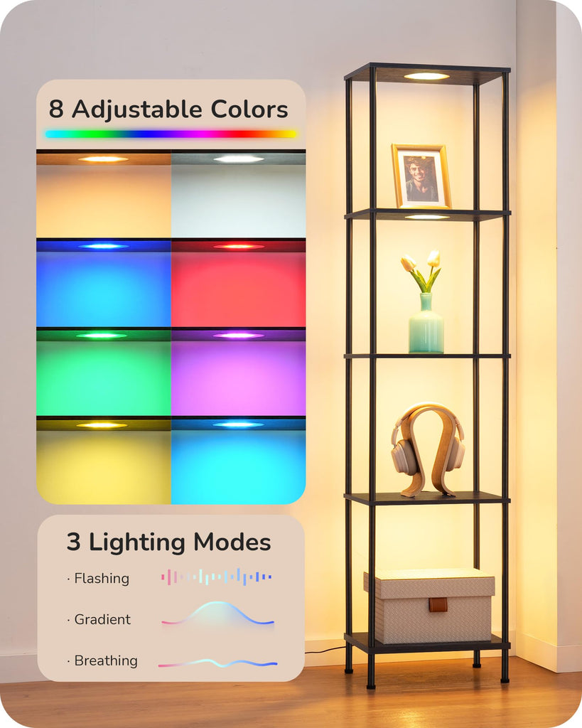 Floor Lamp with 5-Tier Display Shelf, 3 Modes Remote, Black