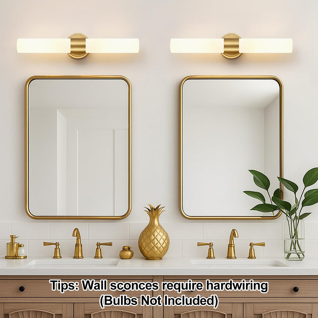 Hardwired Wall Sconces Set of Two, Modern Bathroom Sconces Wall Lighting with Milky White Glass, Brushed Gold Sconces