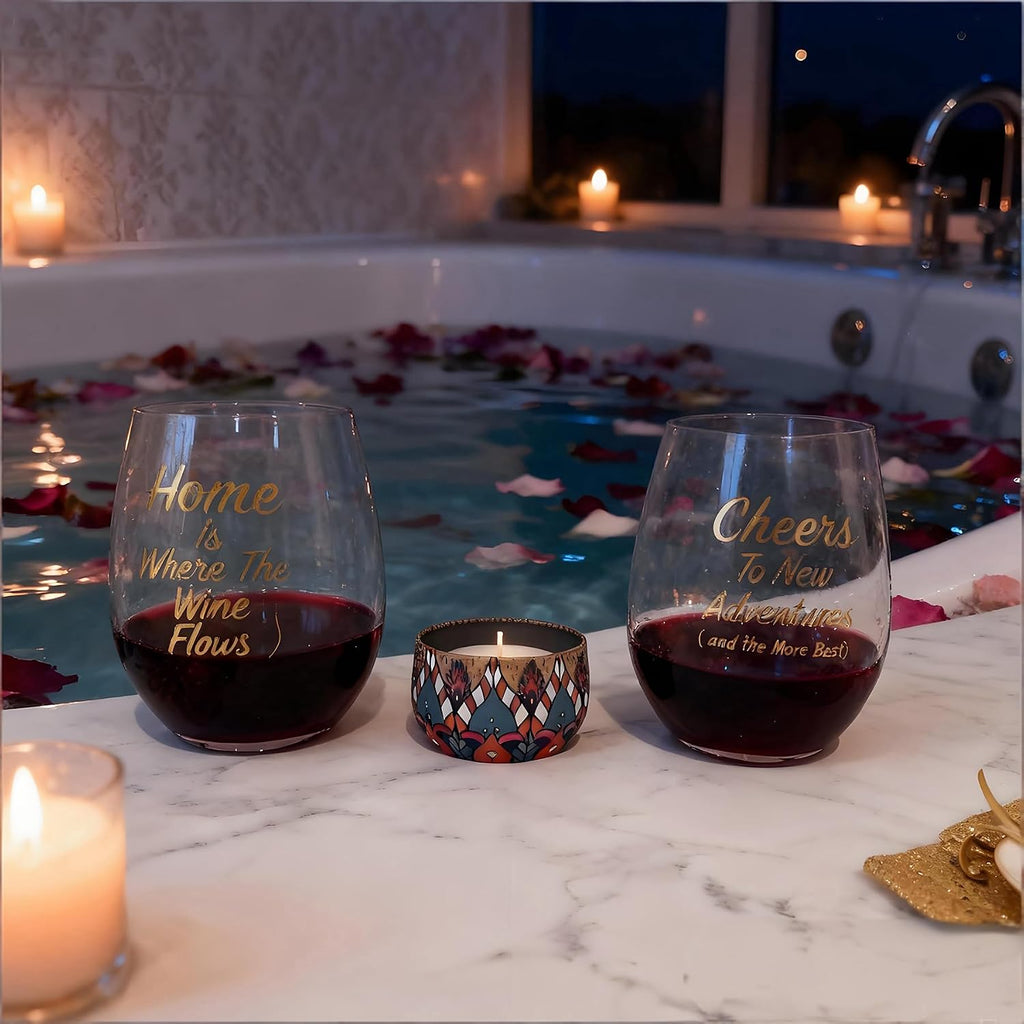 Housewarming Wine Glasses with Candle Set Stemless Wine Glass Set as Homeowners, New House,First Home - Set of 2