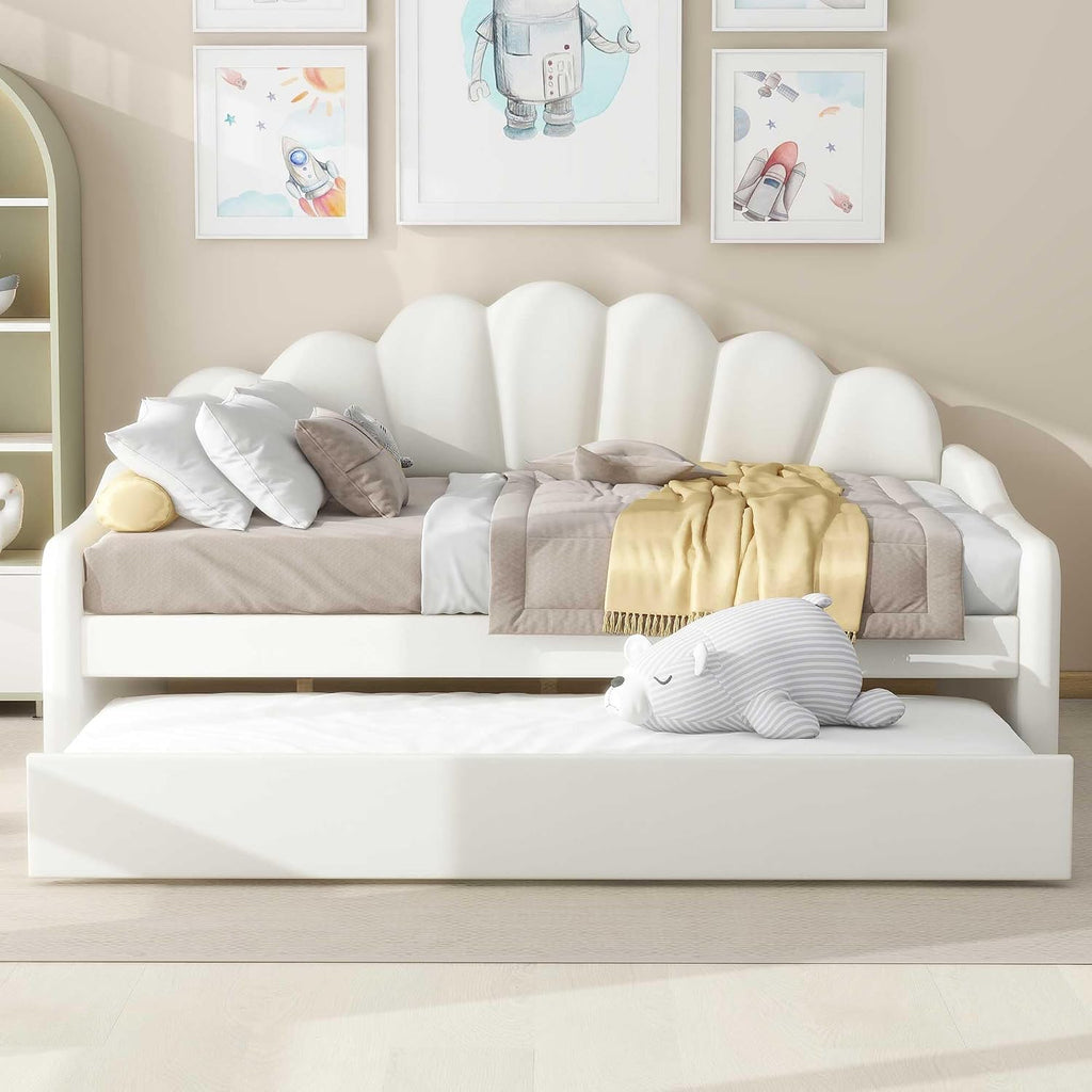 Full Size Daybed with Trundle,Velvet Upholstered Day Bed Frame Full with Shall Shaped Backrest and Wood Slat