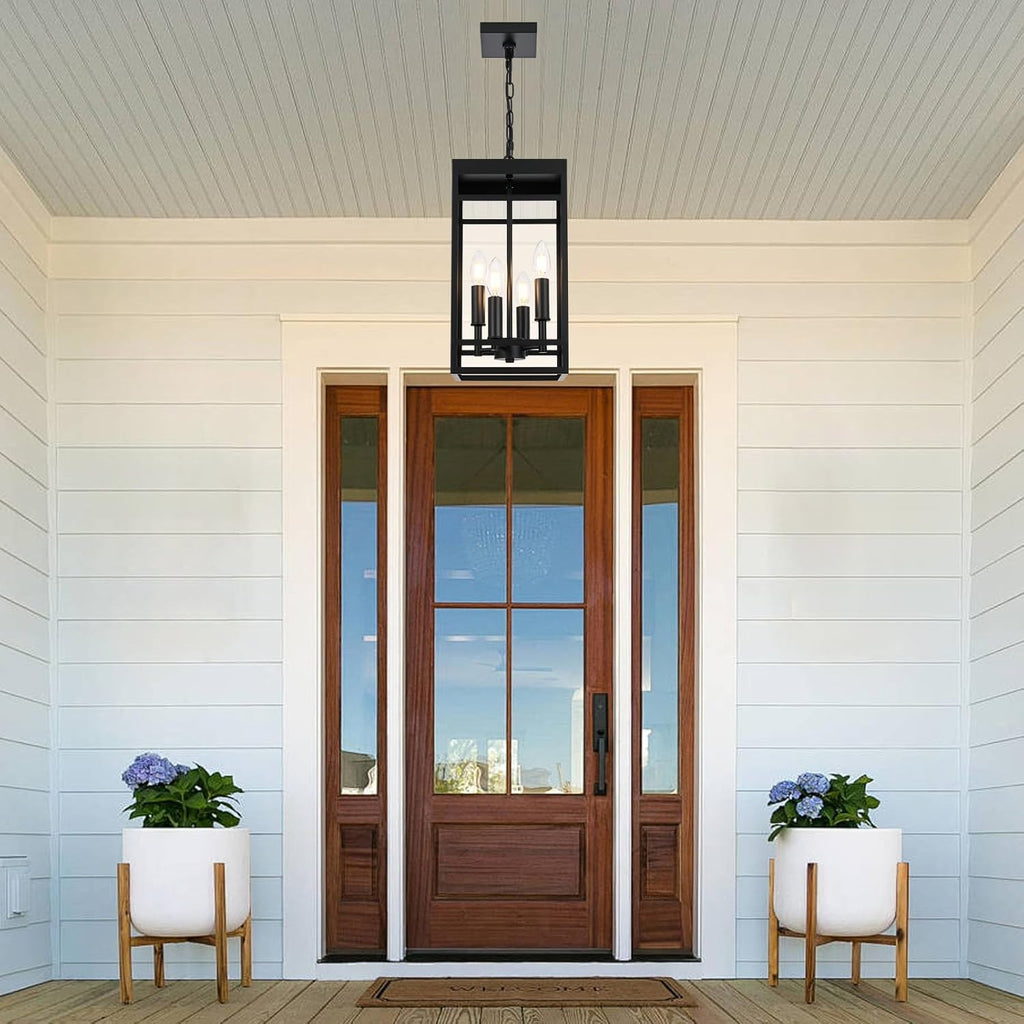 4-Lights Large Outdoor Pendant Light, Matte Black Exterior Hanging Lantern with Clear Glass