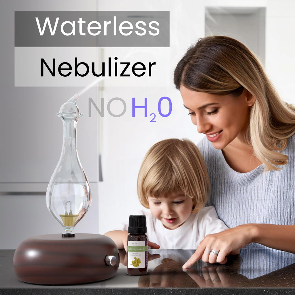 Premium Glass Essential Oils Nebulizer - Waterless Diffuser for Aromatherapy - Handmade Oil Diffuser, Wooden Base, No