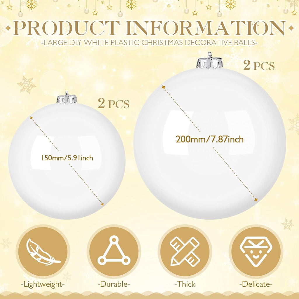 4 Pcs Large White Christmas Ball Ornament, 8" & 6" Xmas Tree Decor