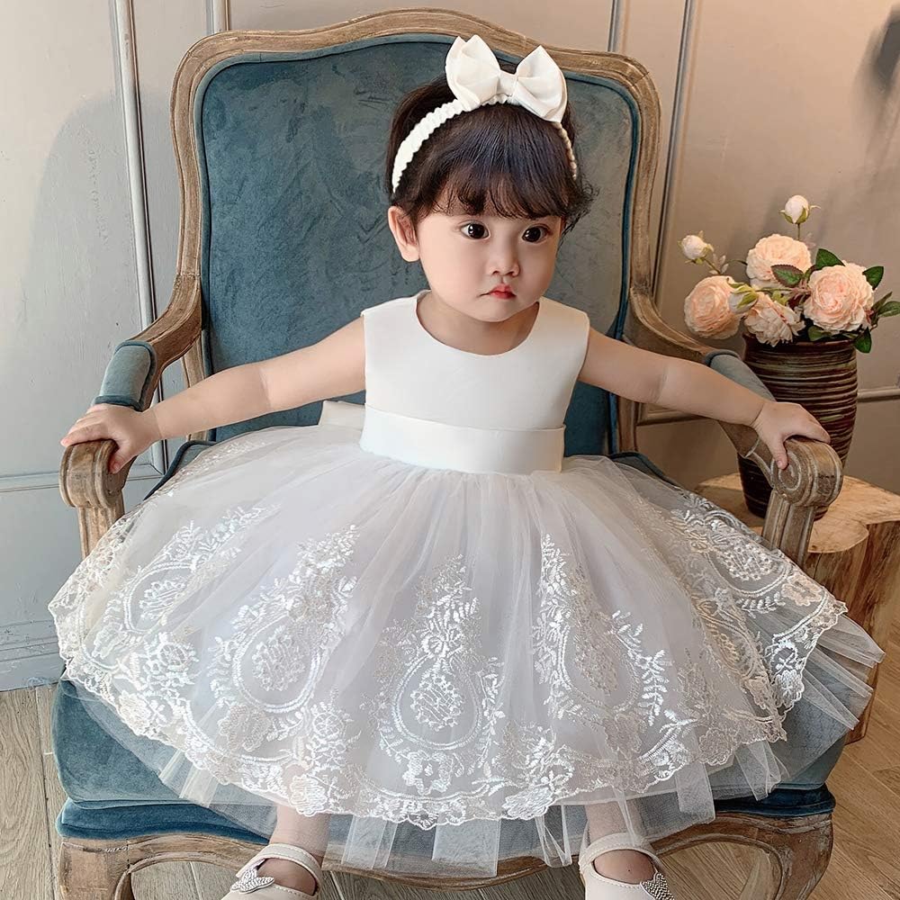 0-6 Years Toddler Baby Girls Pageant Lace Embroidery Dresses Formal Dress with Headwear