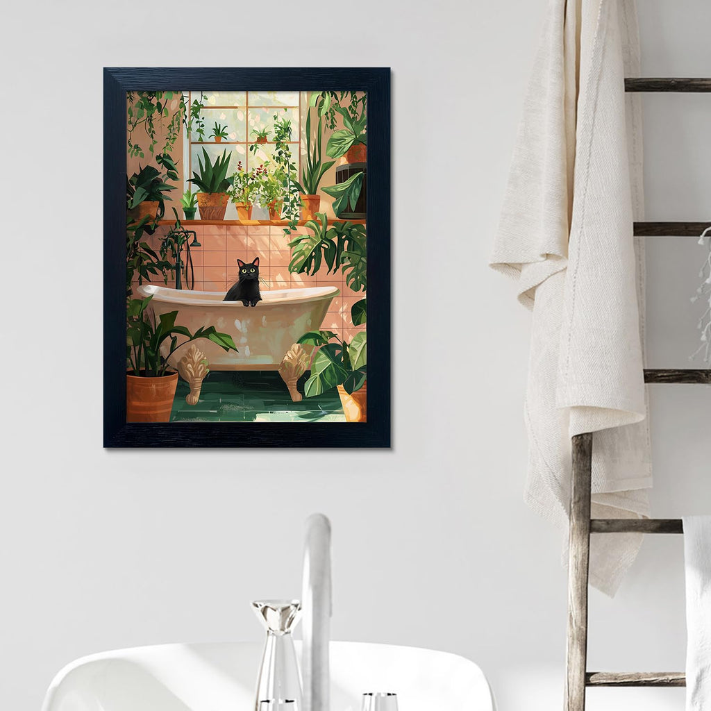 Framed Funny Bathroom Wall Decor Green Plant Picture Painting Modern Bathroom Wall Art Bath Black Cat Canvas Print
