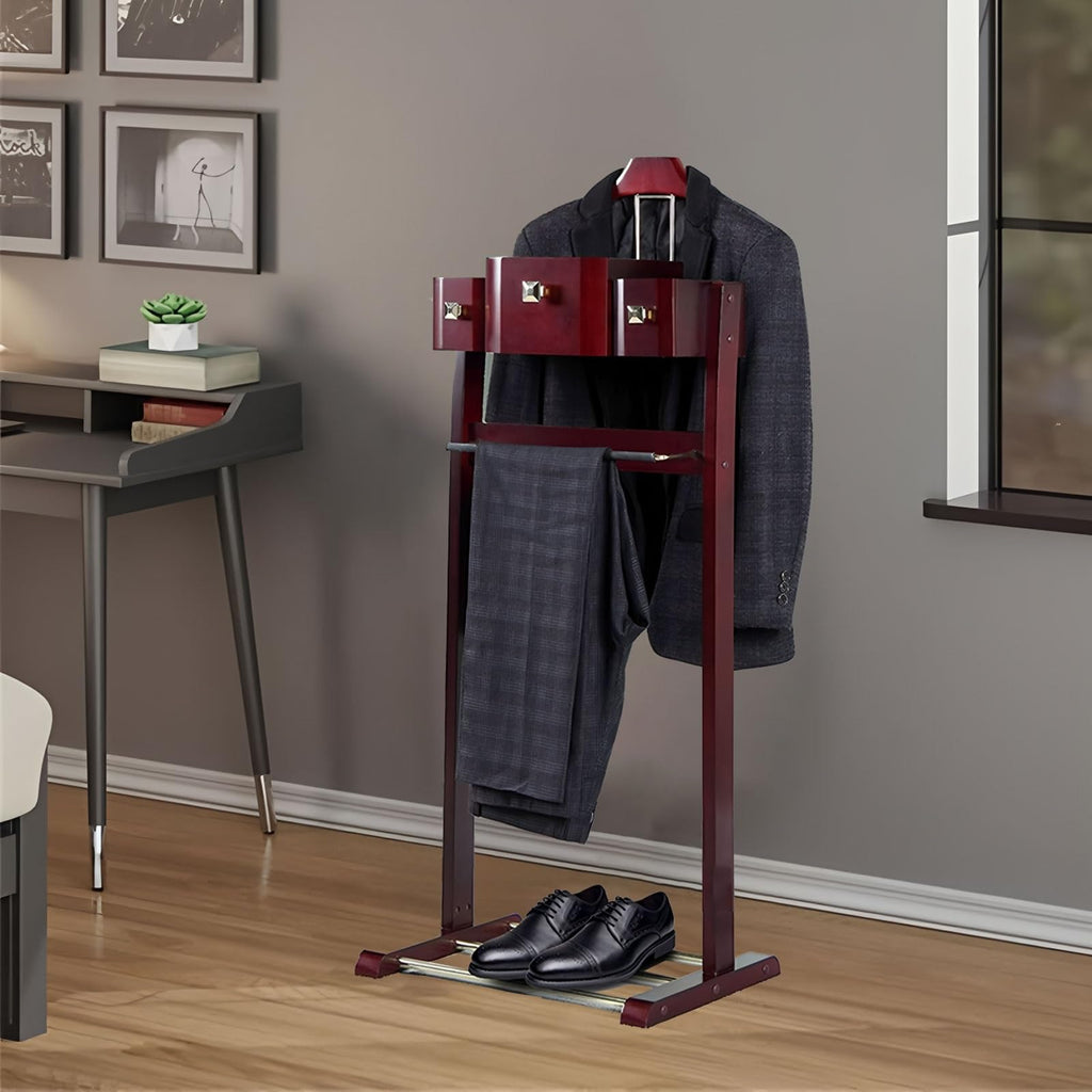 Mens Valet Stand With Top Tray Non-Slip Trouser Bar Clothes Valet Suit Stand Freestanding Clothes Rack Entryway