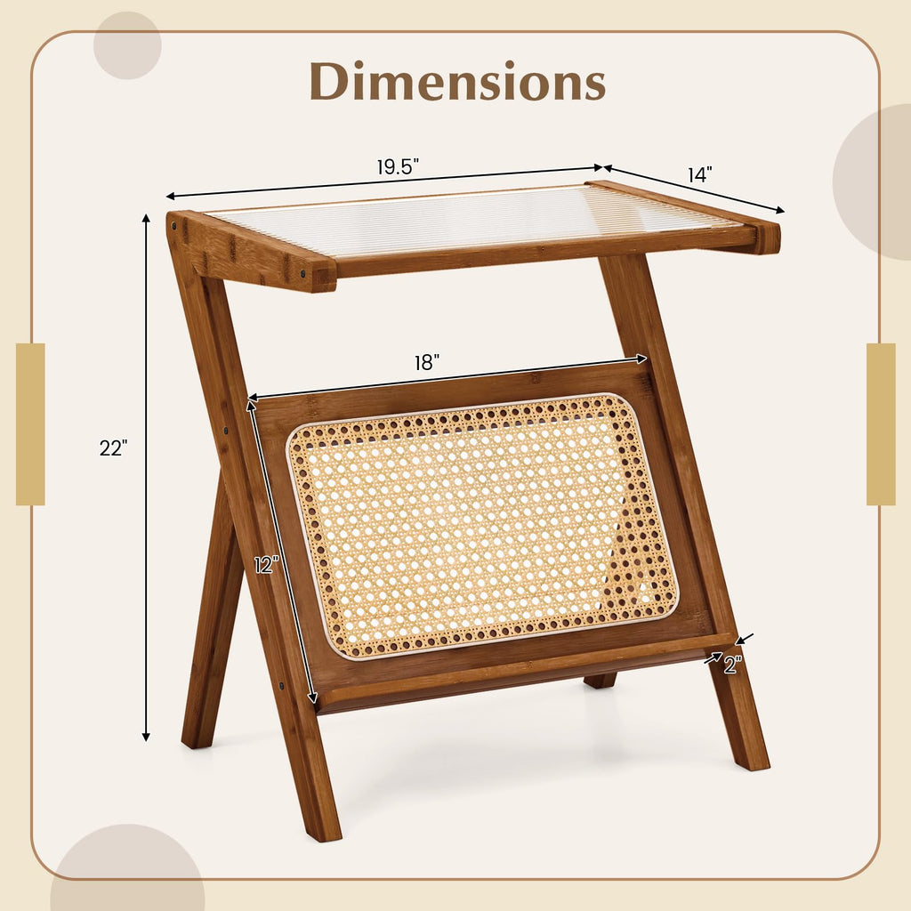 Rattan Side Table, Boho Nightstand with Glass Top & Magazine Rack, with Storage, Bamboo Bedside Table for Small Space
