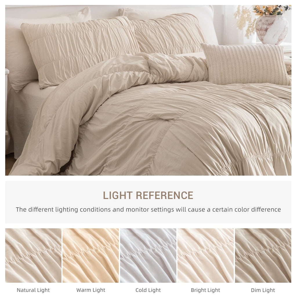 Oversized King Bed Comforter Set- Wheat Ruched Boho 120 x 120 Comforter Set, 3 Piece Fluffy Bedroom Set with Pillow