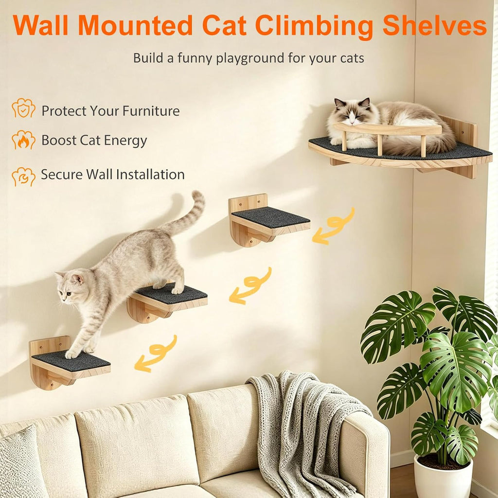 Cat Wall Shelves with 3 Perch Steps, Cat Wall Climber Furniture Up to 26lbs