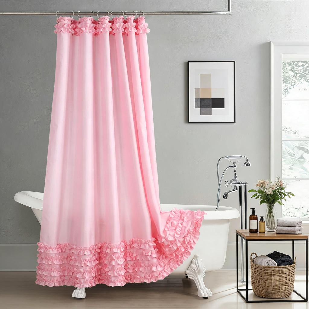 Ruffle, Pink Girls Women Fabric with Delicate Handcrafted Ruffles, Waterproof Ruched Farmhouse Decorative Bathroom