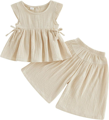 Baby Girl Summer Clothes Outfit Cotton Linen Sleeveless Ruffle Shirt and Wide Leg Pants Toddler Girls Clothes Set