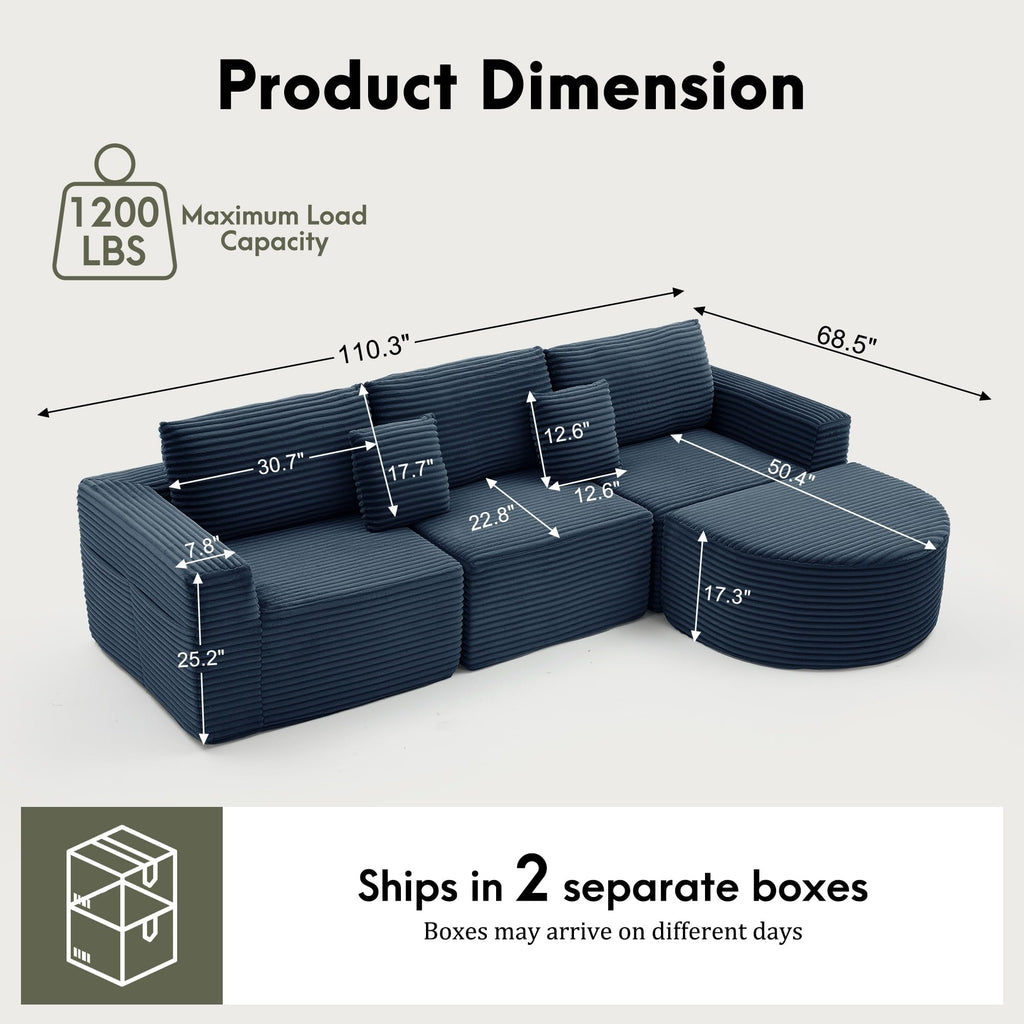 110" L-Shaped Modular Sectional Sofa with Chaise, Fluffy Corduroy Cloud Sectional Couch with Deep Seat & Side