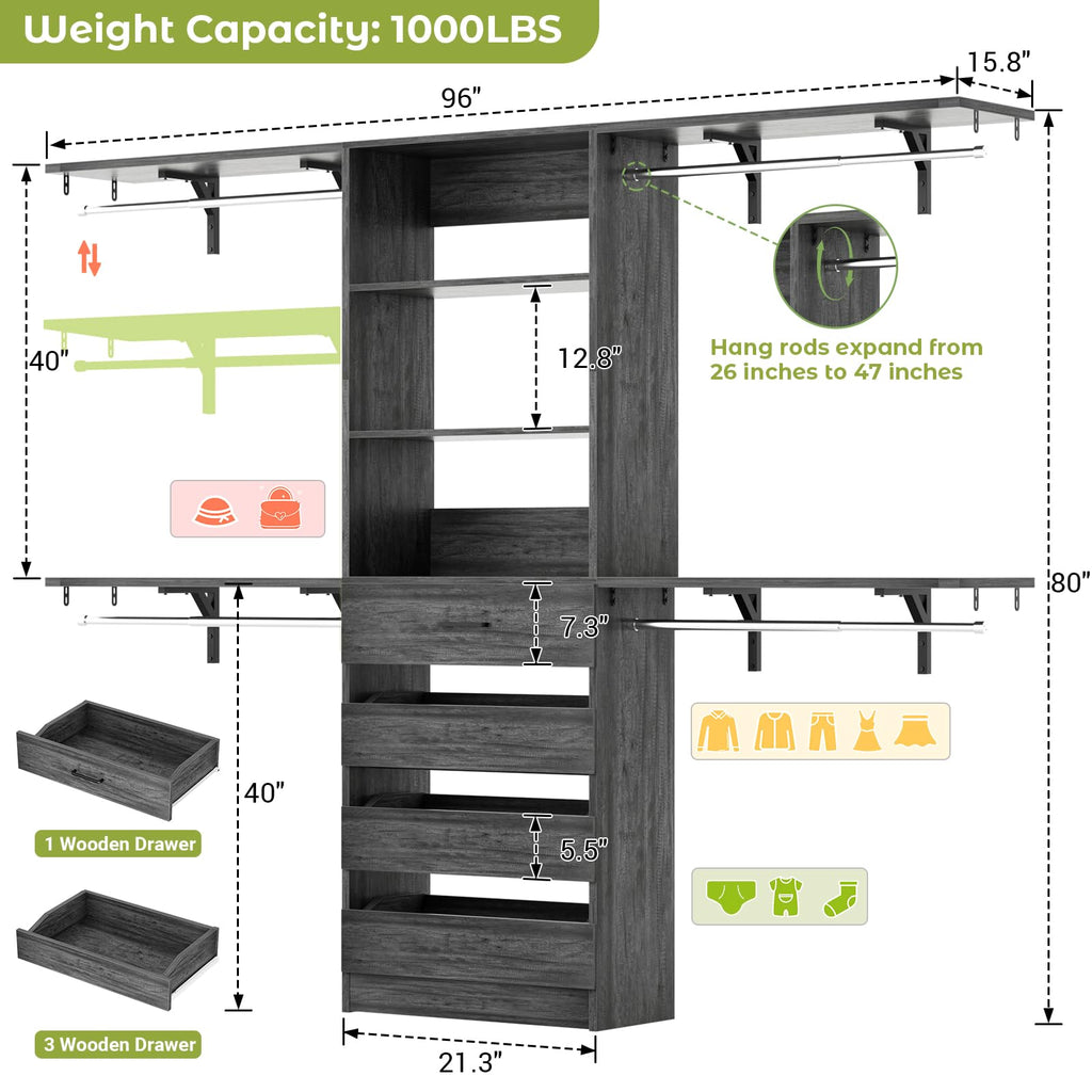 Closet System with 4 Drawers, 8FT Wood Closet Organizer System