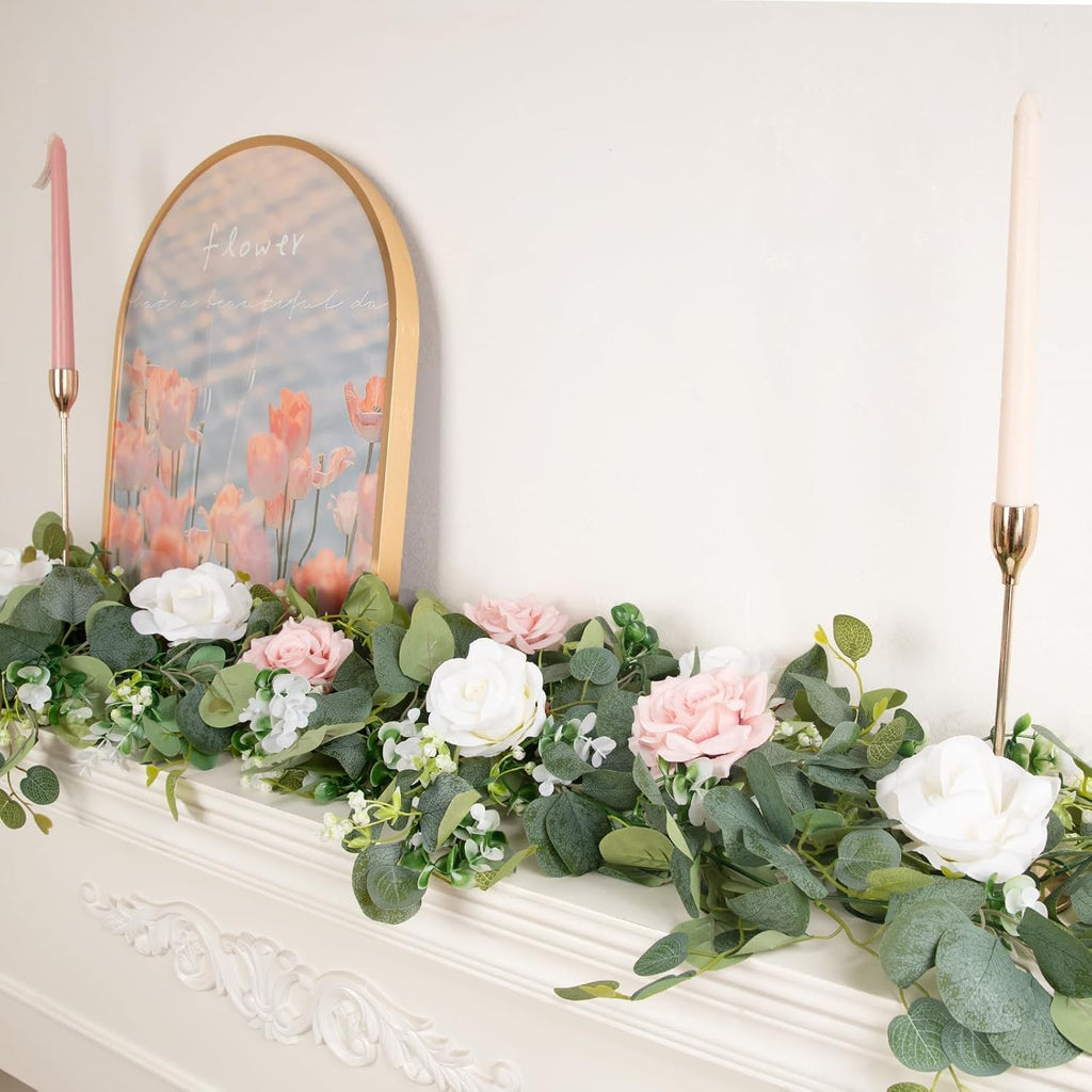 Artificial Eucalyptus Garland with Flowers, Faux Greenery Garland Decor 6FT Eucalyptus Vines, Fake Hanging - Set of 2